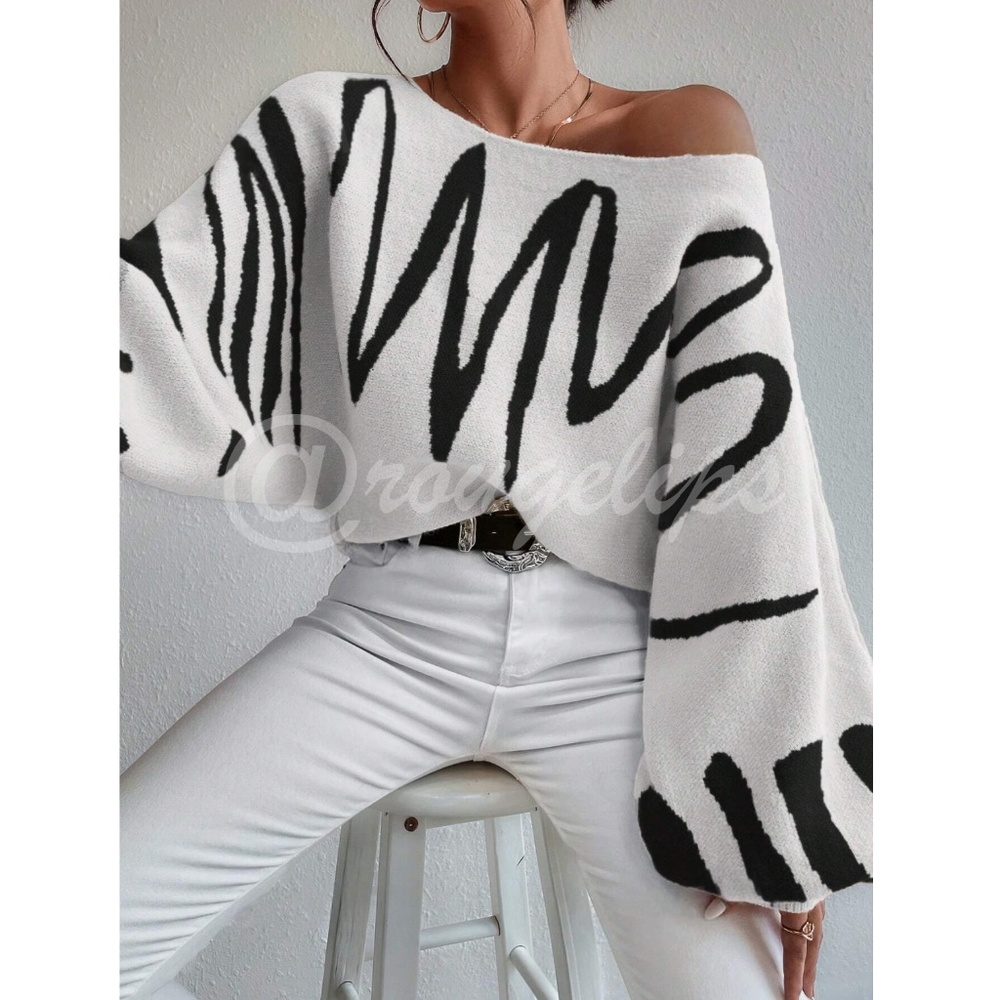 Knit Graphic Pullover Sweater Bishop Sleeve Stretchy Boat Neck